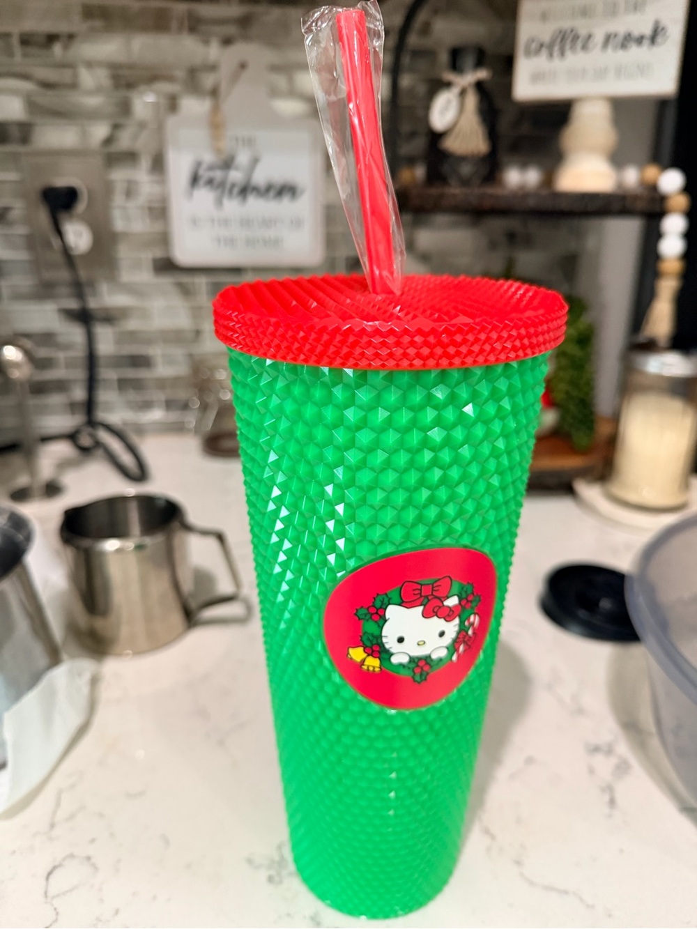 Starbucks Green Studded Tumbler with Red Lid and Straw
